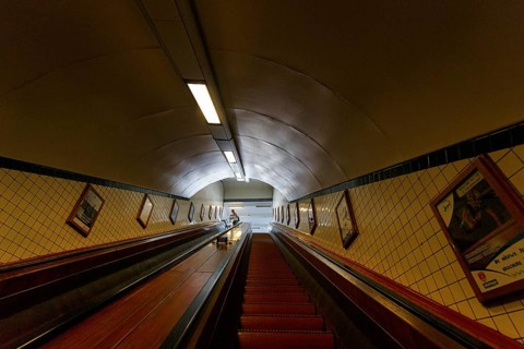 Wooden escalator in the Sint-Annatunnel, heritage-protected St Anne's Tunnel under the Scheldt,