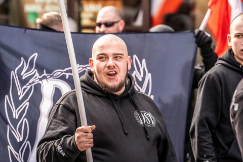 The neo-Nazi group Jung und Stark, JS, demonstrates in the city centre of Essen, demanding the