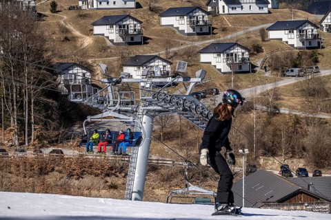 Winter sports area in the Sauerland, Winterberg ski lift carousel, artificial snow slopes,