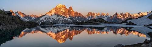 Evening mood, mountain landscape at sunset, alpenglow, water reflection in Lac Blanc with mountain