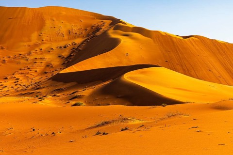 Wind-sculpted curved sand dunes in the Rub al Khali desert, Dhofar province, Arabian Peninsula,
