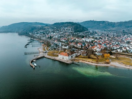 Aerial view of Lake Constance with the municipality of Bodman-Ludwigshafen with the marina and old