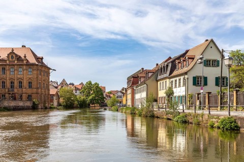 Crossing the Regnitz with the Don Bosco ferry between lock 100 and Stephansberg, Bamberg, Bavaria,