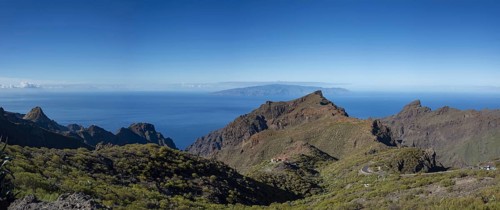 Volcanic rock formation and the Masca Gorge, Barranco de Masca, Teno Mountains, Tenerife, behind La