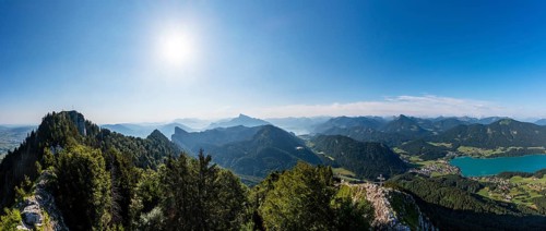 Drone shot, summit cross on the Frauenkopf with a view of Lake Fuschl, Osterhorn group,