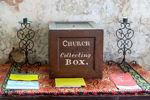 Church collecting box, Framsden church, Suffolk, England, UK