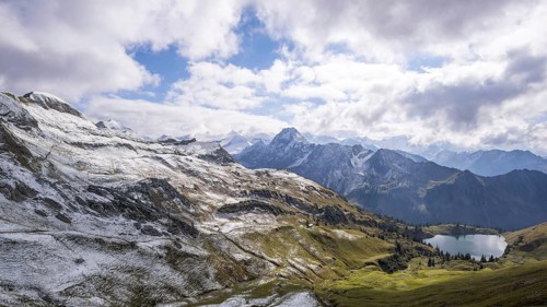 Panorama from Zeigersattel to Seealpsee, in the back left Höfats 2259m, Allgäu Alps, Allgäu,