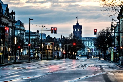 Empty boulevard Unter den Linden in the early morning, with a view of the Rotes Rathaus, Berlin, 26
