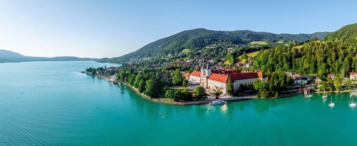 Bräustüberl and Schlosswirtschaft at Tegernsee, aerial view, Tegernsee, Bavaria, Germany, Europe