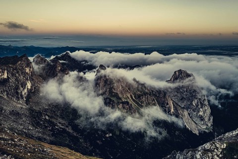 Sunrise hike on the Hochplatte in the Ammergau Alps, Ammergebirge in the Allgäu, Bavaria, Germany,