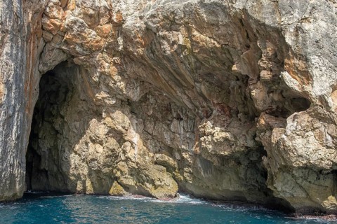 Sea caves on the coast of Santa Maria di Leuca, Apulia, Salento, Italy, Europe
