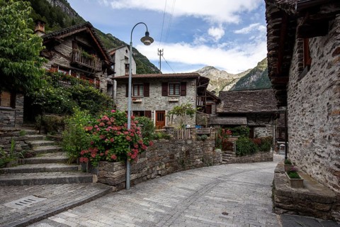 Typical Ticino stone houses in the village of Sonogno, Verzasca Valley, Valle Verzasca, Canton