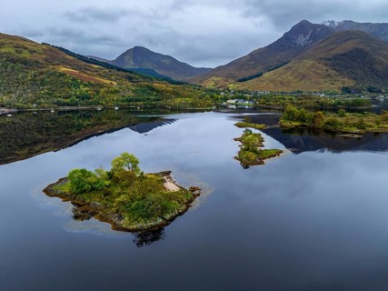 Fjord, coast, mountain landscape, reflection, island, autumn, autumn colours, aerial view,