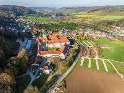 Aerial view of Plankstetten with Benedictine Abbey, Plankstetten, Berching, Bavaria, Germany,