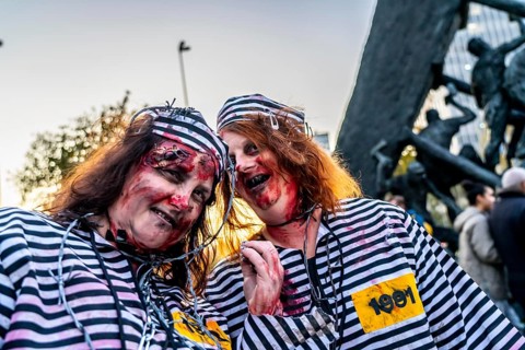 The Zombiewalk in Essen, on Halloween several hundred people, some dressed as scary zombies,