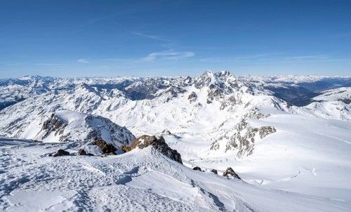 View from the summit of Monte Cevedale, mountain panorama with summit Königsspitze and Ortler,