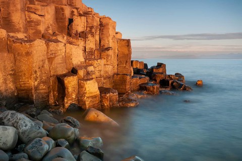 Basalt columns, columnar basalt, coast, long exposure, Hofsos or Hofsós, Skagafjörður, Norðurland,
