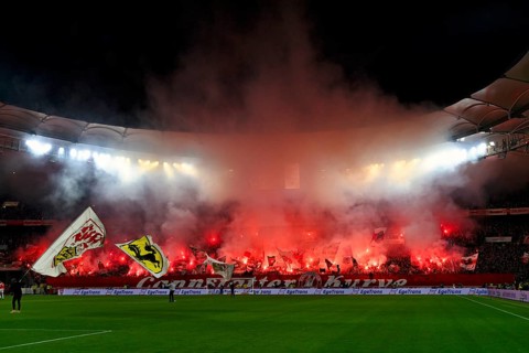 Cannstatter Kurve VfB Stuttgart, fan block, fans, fan curve, flags, flags, atmosphere, atmospheric