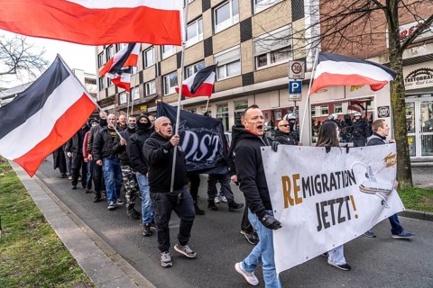 The neo-Nazi group Jung und Stark, JS, demonstrates in the city centre of Essen, demanding the
