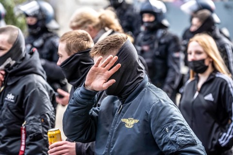 The neo-Nazi group Jung und Stark, JS, demonstrates in the city centre of Essen, demanding the