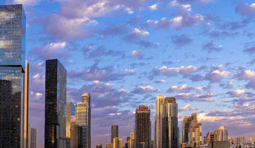 Israel, Tel Aviv financial business district skyline with shopping malls and high tech offices,