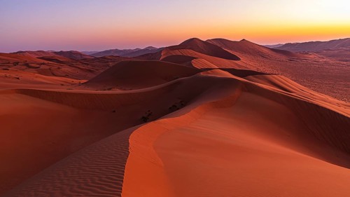Wind-sculpted sand dunes at sunrise in the Rub al Khali desert, Dhofar province, Arabian Peninsula,