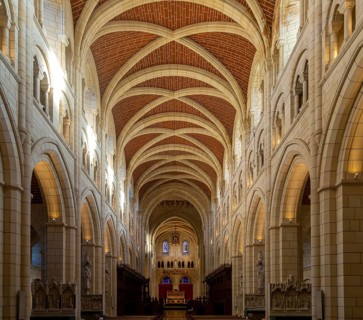 Vaulted roof ceiling interior of Buckfast abbey church, Buckfast Abbey, Devon. England, UK