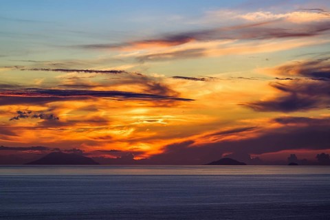 Sunset over Aeolian Islands from Nicotera, Aeolus, Sicily, Tyrrhenian Sea, Italy, Europe