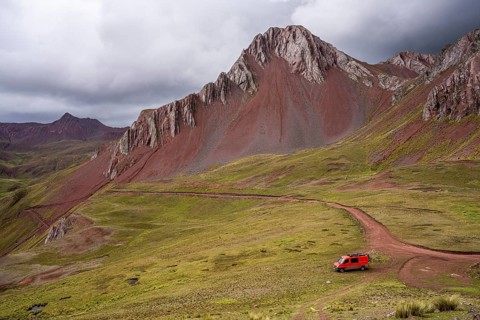 Offroad camper van in the Peruvian Andes, Pallay Punchu Rainbowmountain, Layo, Peru, South America