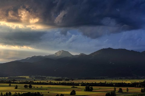 Cloudy mood, morning light, mountain landscape, summer, Loisach-Lake Kochel moor, Benediktenwand,