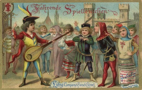 Picture series Children as travelling minstrels, Liebig picture, digitally restored reproduction of