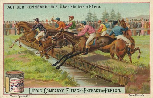 Picture series On the racecourse, over the last hurdle, Liebig picture, digitally restored