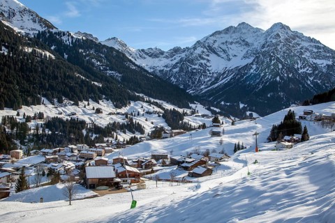 Snowy landscape, behind Widderstein and Kleiner Widderstein, near Mittelberg, Kleinwalsertal,