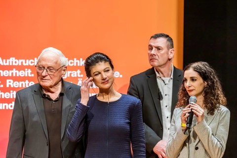 Oskar Lafontaine, Sahra Wagenecht and Jessica Tatti, BSW top candidate in Baden-Württemberg at an