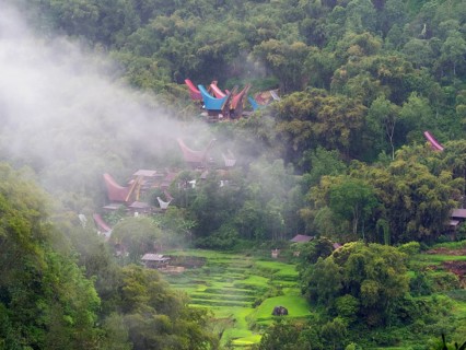 Tropical mountain landscape with traditional villages and rice paddies, Tana Toraja, Sulawesi,