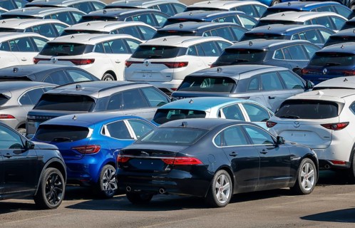 Duisburg, North Rhine-Westphalia, Germany - New cars, transhipment centre, car terminal in Duisburg