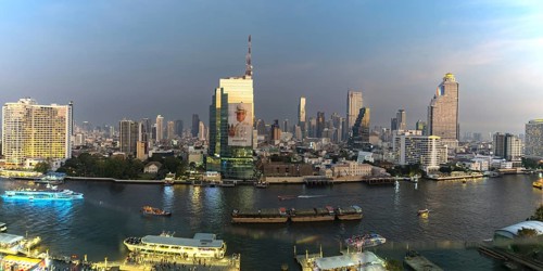 Panorama from IconSiam over the Mae Chao Praya, skyline of Bangkok, Thailand, Asia