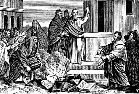 Apostle Paul in Ephesus, the converts publicly burn their magic books, Christian faith, apostolic