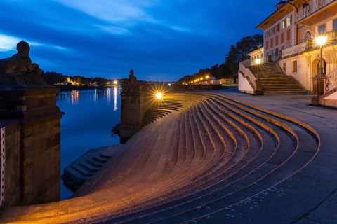 Staircase to the Elbe at the Water Palace of Pillnitz Castle at dusk, Dresden, Saxony, Germany,