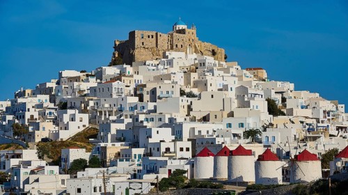 Whitewashed town with red windmill roofs, dominated by a castle, Querini Castle, Chora, Astypalea,