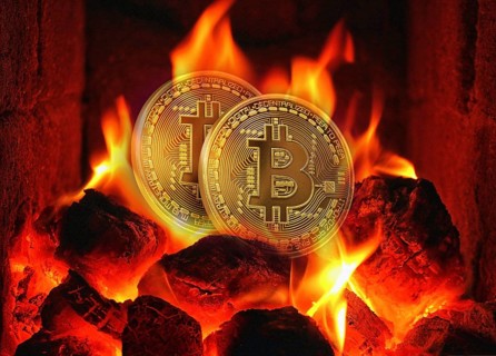 Symbolic image, Bitcoin on fire, stock market prices, insecure digital currency, resources, energy,
