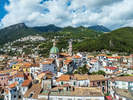 Vietri sul Mare from a drone, Amalfi Coast, Salerno, Campania, Italy, Europe