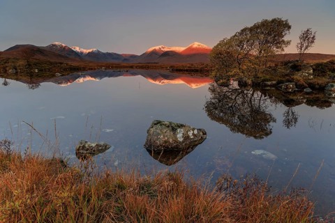 Mountains reflected in lake, morning light, morning mood, still, autumn, snowy, Lochan na