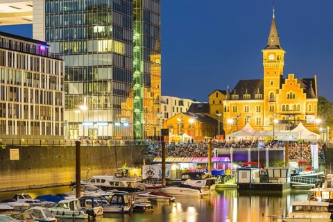 Marina, open-air cinema, crane house and former harbour office, Rheinauhafen, Cologne, North