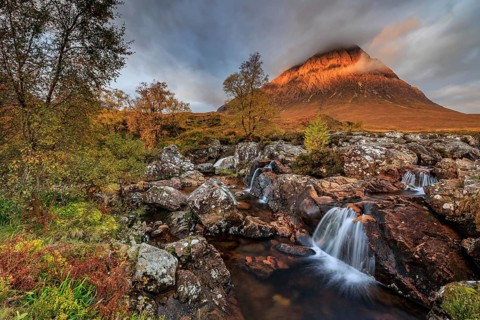 Wild river, waterfall, autumn colours, morning light, mountain landscape, cloudy mood, Buachaille