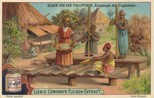 Series of pictures from the Philippines, natives pounding rice, Liebig picture, digitally restored