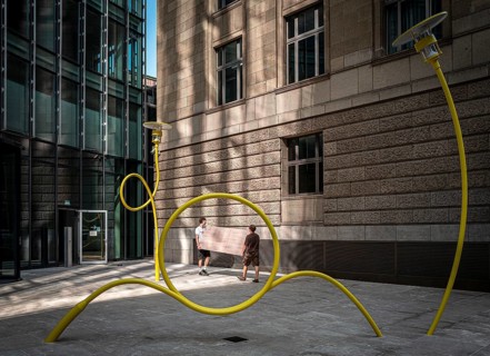 Street lamp, modern lamp design in front of an office building, Frankfurt, Hesse, Germany, Europe