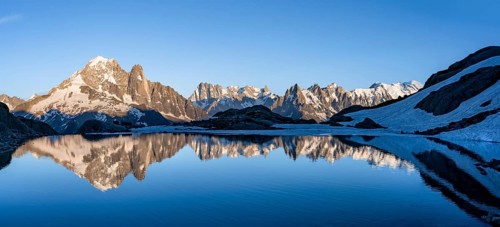 Mountain landscape in the evening light, water reflection in Lac Blanc, mountain peak, Aiguille