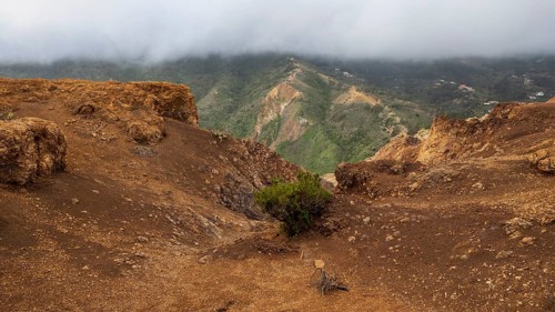 Different coloured rock layers in the rock, red earth, erosion, La Gomera, Canary Islands, Spain,