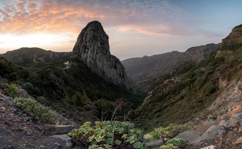 Roque de Agando rock tower at sunrise, Monumento Natural de los Roques, La Gomera, Canary Islands,